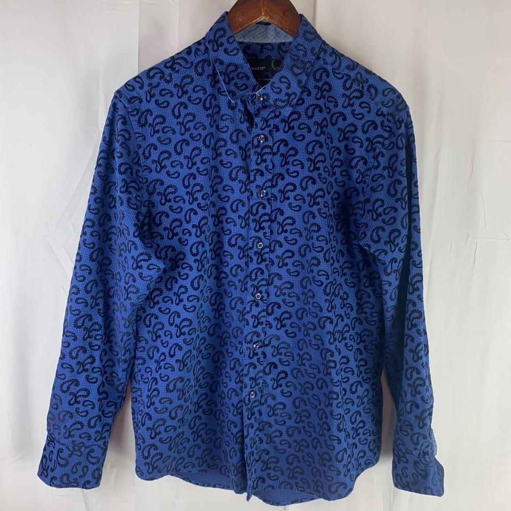 Quieti Button Up Shirt Mens Large Blue Black Flocked Paisley Cotton‎ Long Sleeve